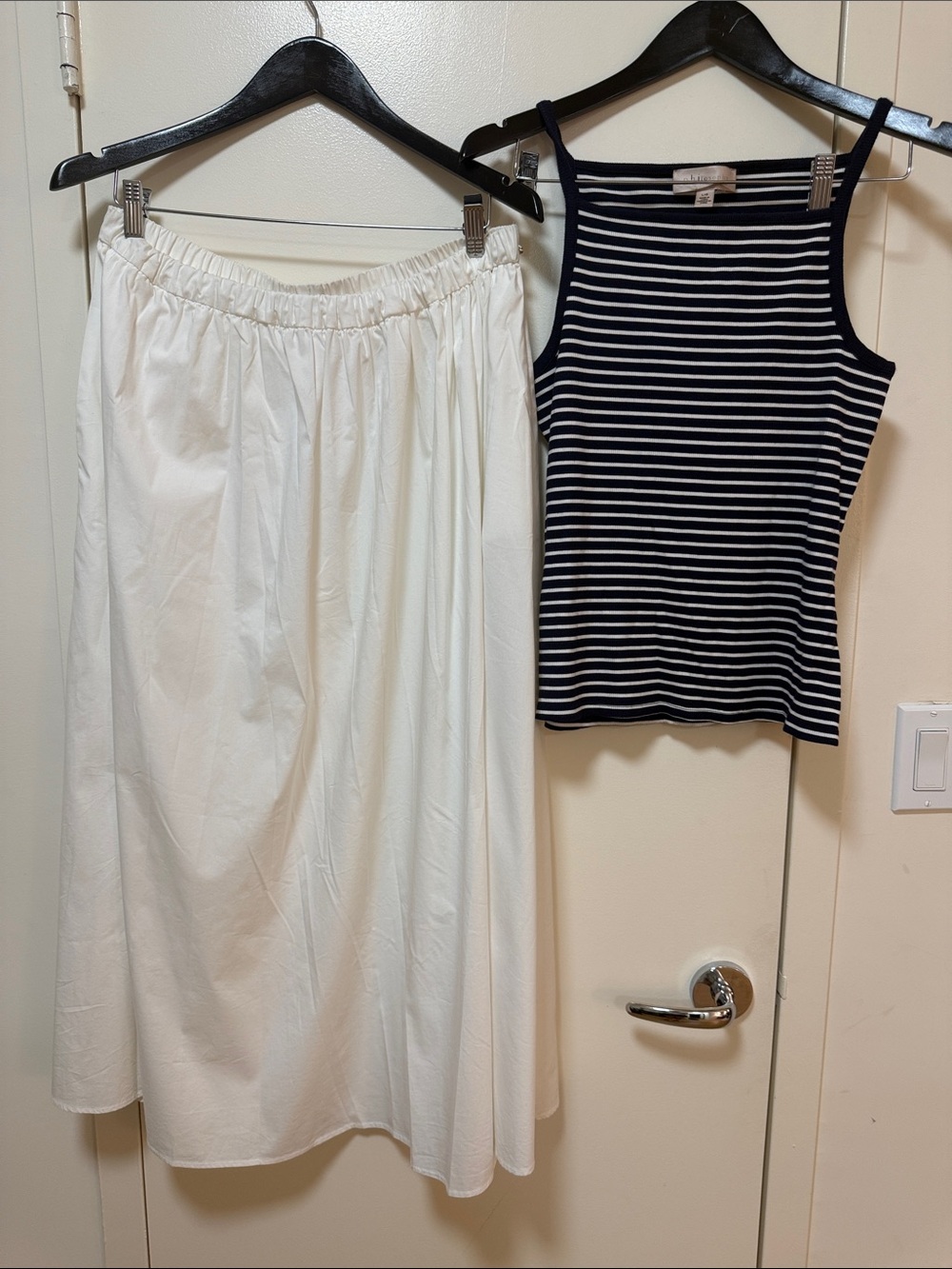 White Elastic-Waist Long Skirt - Classic White and Navy Stripe Top Set